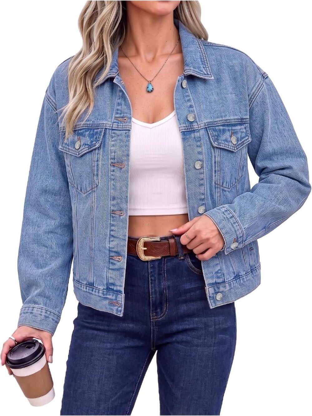 Women’s Modern Blue Long Sleeve Button Down Oversized Casual Denim Jean Jacket